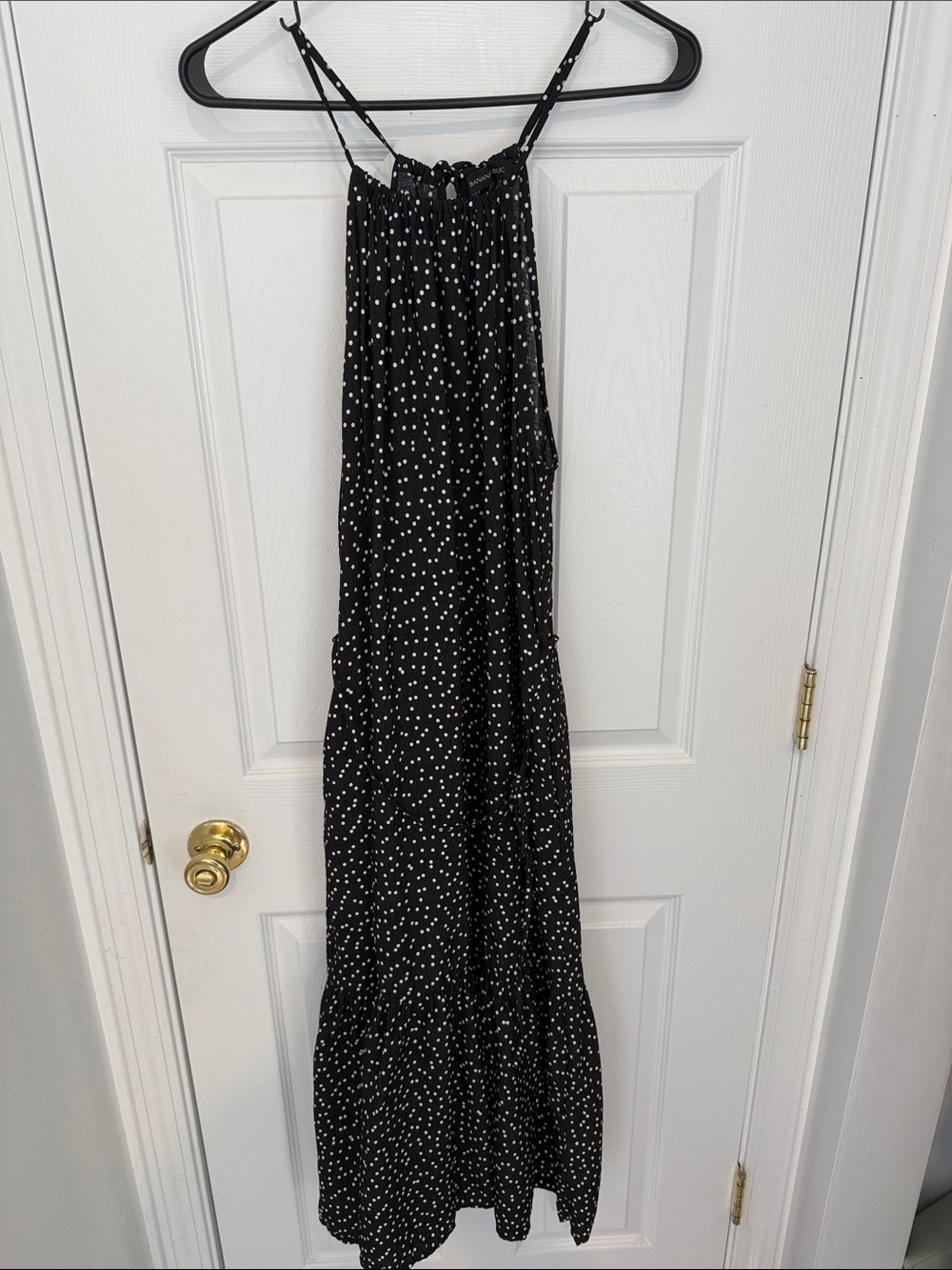 Banana Republic Black Polka Dot Maxi Dress with Tie Neck and Waist